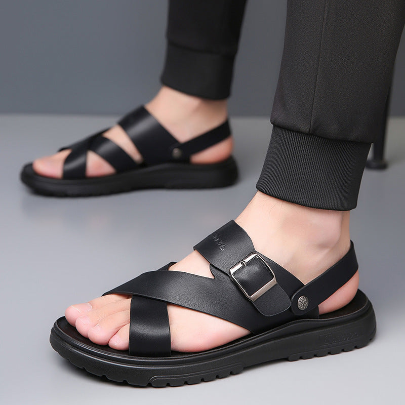 Black men���������s Leather Sandals Soft Bottom Breathable Extra Large Size Beach Shoes
