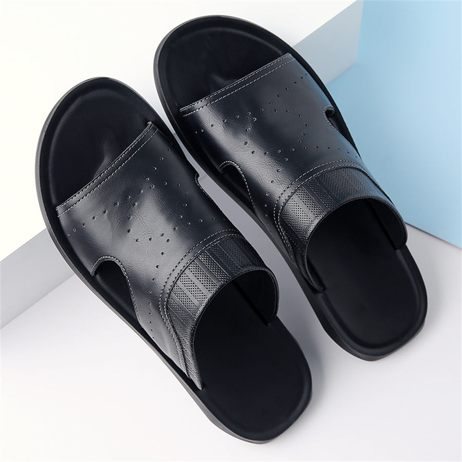 Black men���������s Leather Sandals Soft Sole Non Slip Breathable Beach Shoes