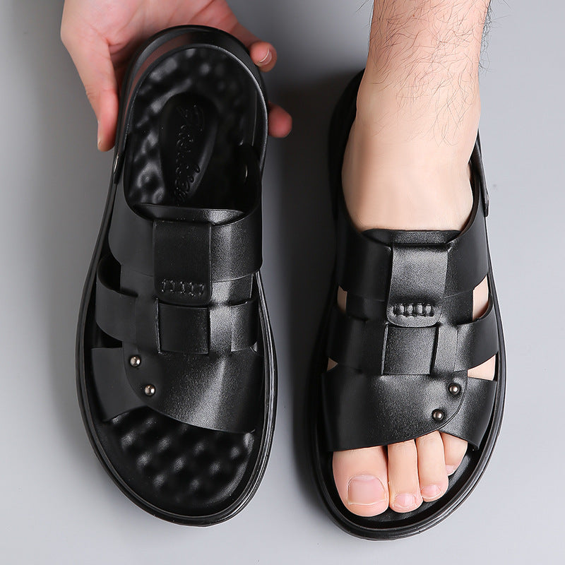 Black men���������s Leather Sandals Soft Sole Comfortable All Match Beach wear