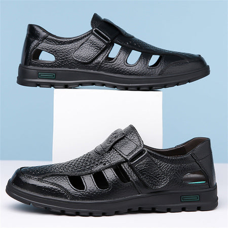 Black men���������s Hollow Leather Dad Sandals Soft Sole Casual Business Style Summer Sandals