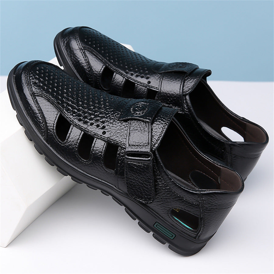 Men's Hollow Leather Dad Sandals Soft Sole Casual Business Style