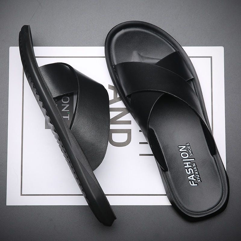 Black men���������s Soft Leather Soft Sole Non Slip Casual Summer Sandals