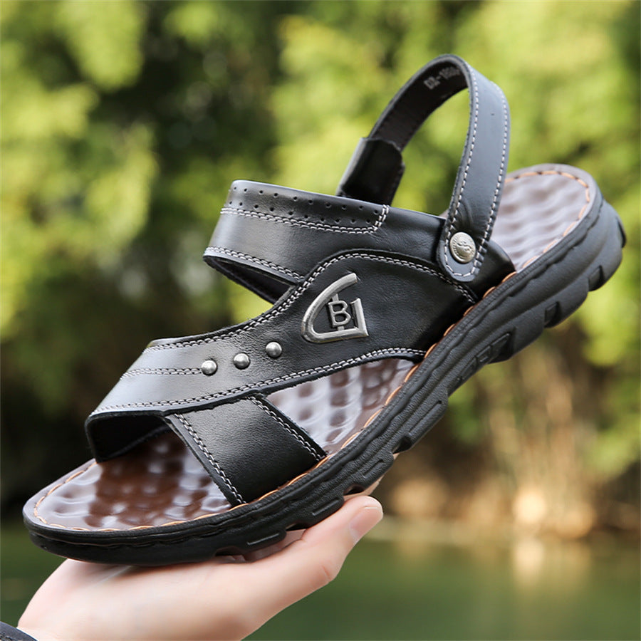 Black men���������s Genuine Leather Thick Sole Non Slip Beach Sandals Plus Size Summer