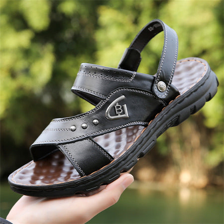 Black men���������s Genuine Leather Thick Sole Non Slip Beach Sandals Plus Size Summer