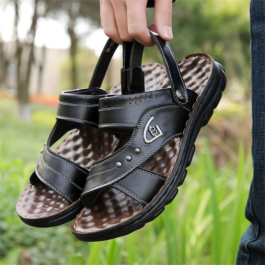 Men's Genuine Leather Thick Sole Non-Slip Beach Sandals Plus Size