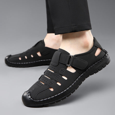 Black men���������s Genuine Leather Soft Sole Dad Sandals Casual Driving Summer Sandals