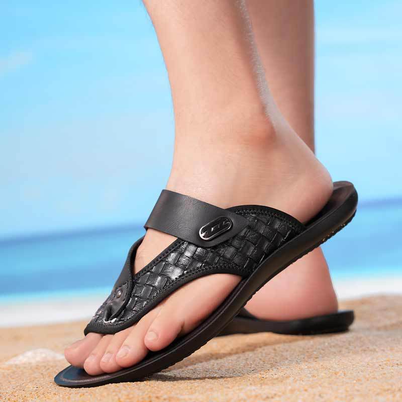 Men’s Cowhide Leather Soft Sole Dual Wear Flip Flops Large Size