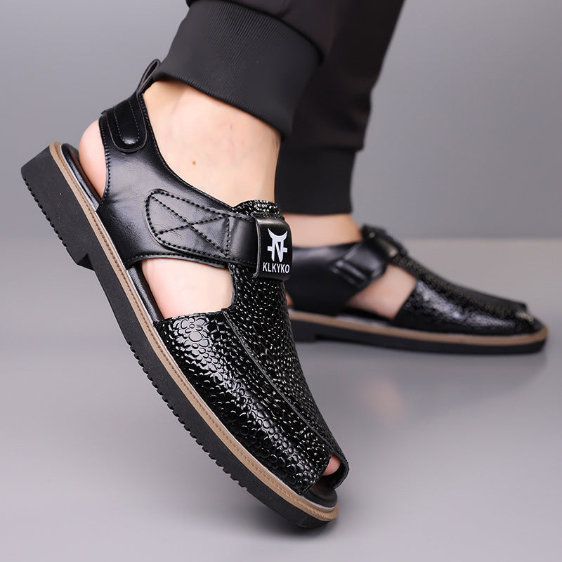 Men’s Peep Toe Roman Sandals Breathable Leather Casual Beach