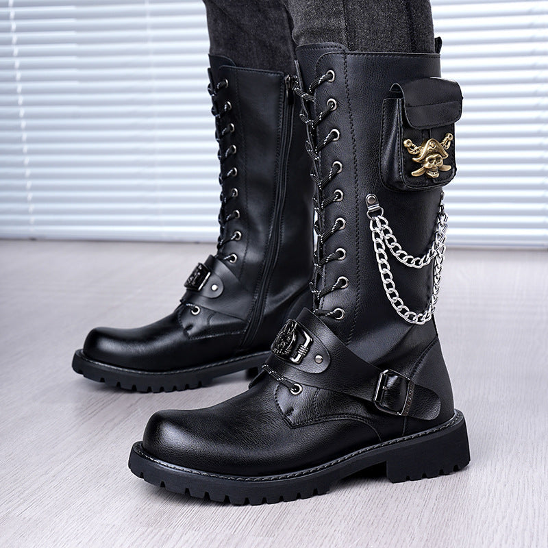 Men’s High Barrel Leather Boots Skull Chain Lace Up Thick Sole