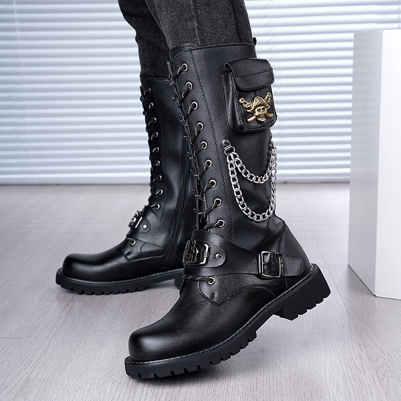 Men’s High Barrel Leather Boots Skull Chain Lace Up Thick Sole