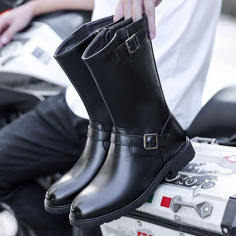 Men’s Knight Style Leather Martin Boots Side Zipper Long Boots