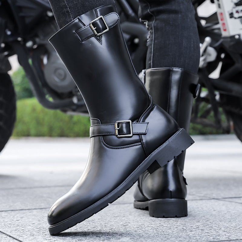 Men’s Knight Style Leather Martin Boots Side Zipper Long Boots