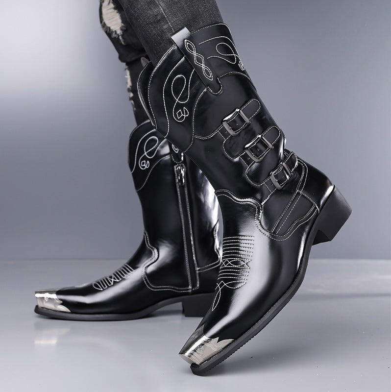 Vintage Embroidered Western Cowboy Boots Pointed Toe Chunky Heel