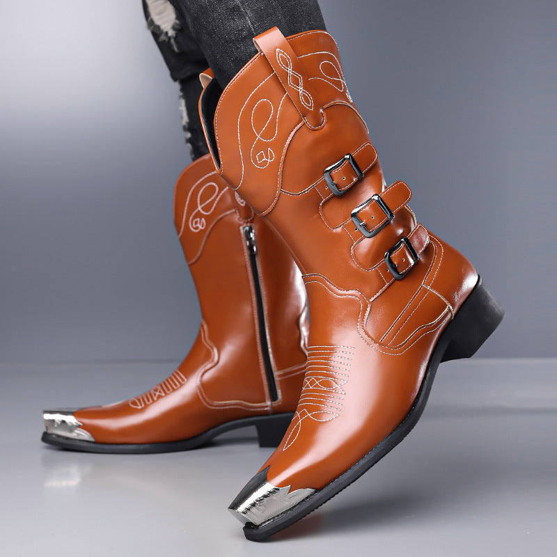 Vintage Embroidered Western Cowboy Boots Pointed Toe Chunky Heel