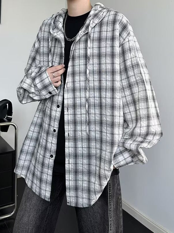 Unisex Hooded Plaid Long Sleeve Shirt Jacket American Retro