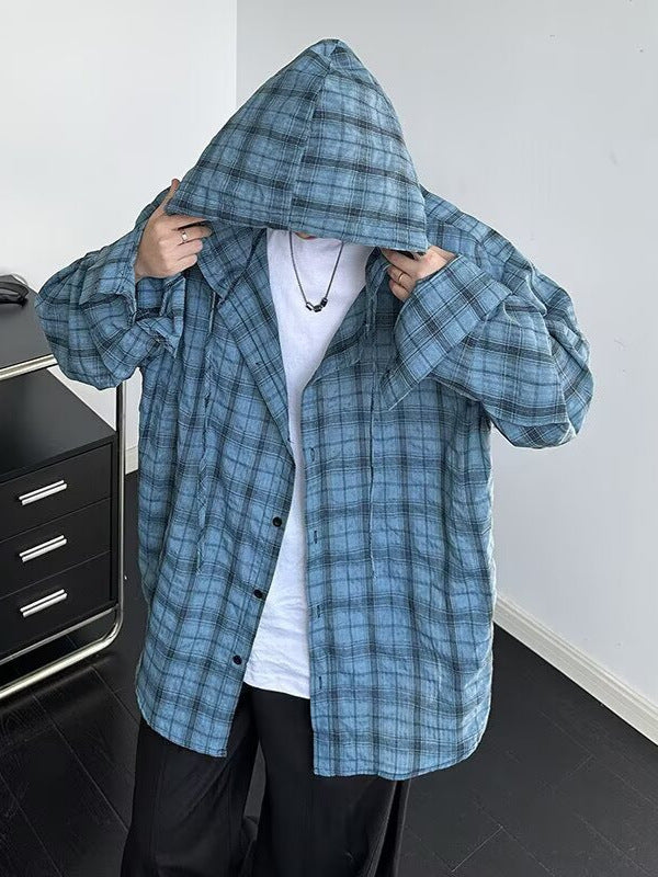 Unisex Hooded Plaid Long Sleeve Shirt Jacket American Retro