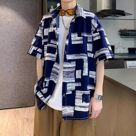A601 Black men���������s Ice Silk Floral Hawaiian Shirt Loose Fit Short Sleeve Beach Shirt