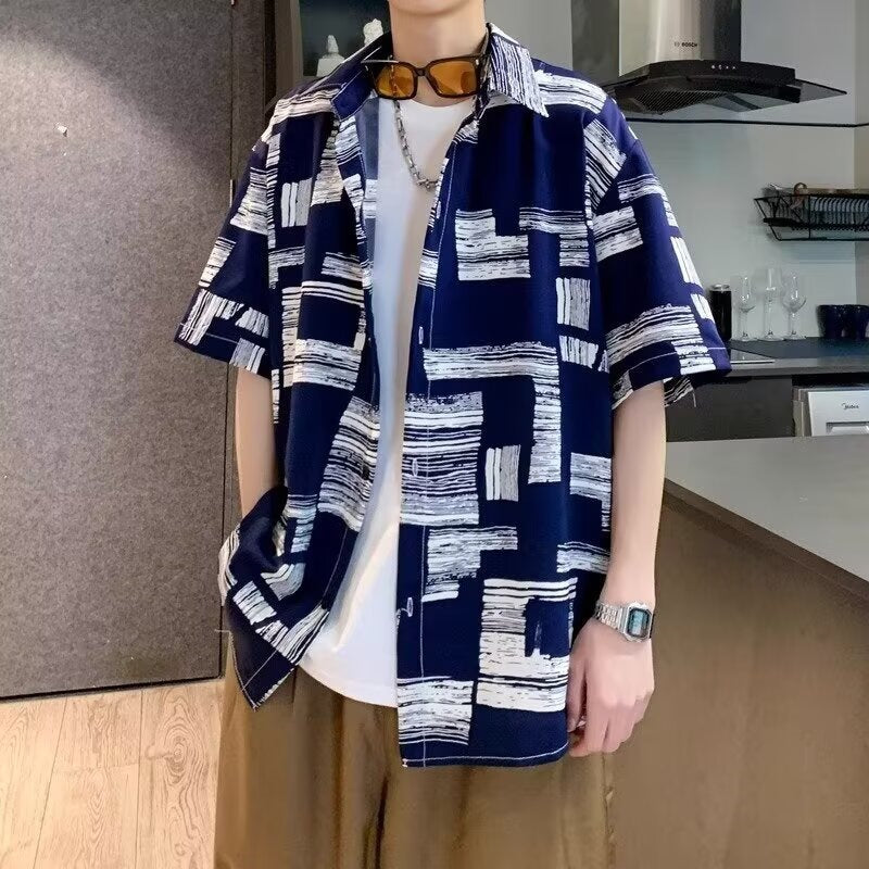 A601 Black men���s Ice Silk Floral Hawaiian Shirt Loose Fit Short Sleeve Beach Shirt