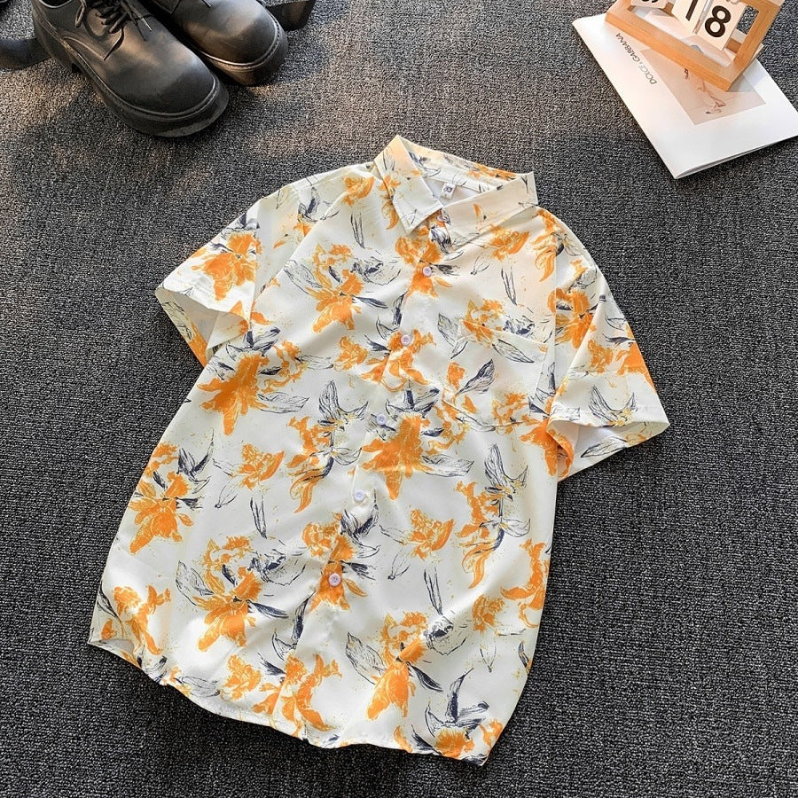 2423 Orange unisex Retro Ink Floral Short Sleeve Shirt Hong Kong Style Loose Casual Top