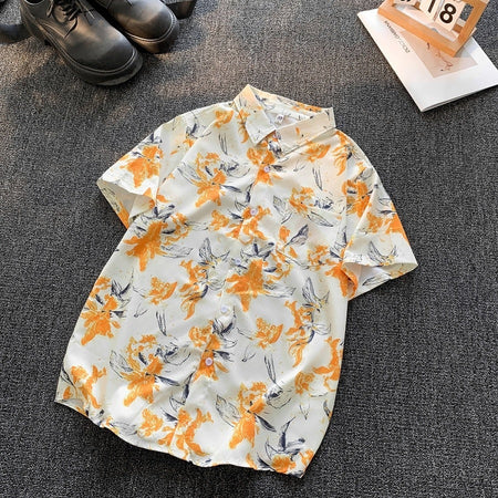 2423 Orange unisex Retro Ink Floral Short Sleeve Shirt Hong Kong Style Loose Casual Top