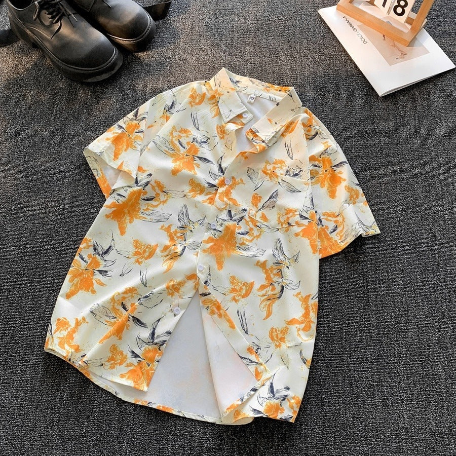 Unisex Retro Ink Floral Short Sleeve Shirt Loose Casual Top