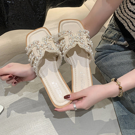 Pearl Detail Thick Sole Slippers Women Fairy Style Beach Wear