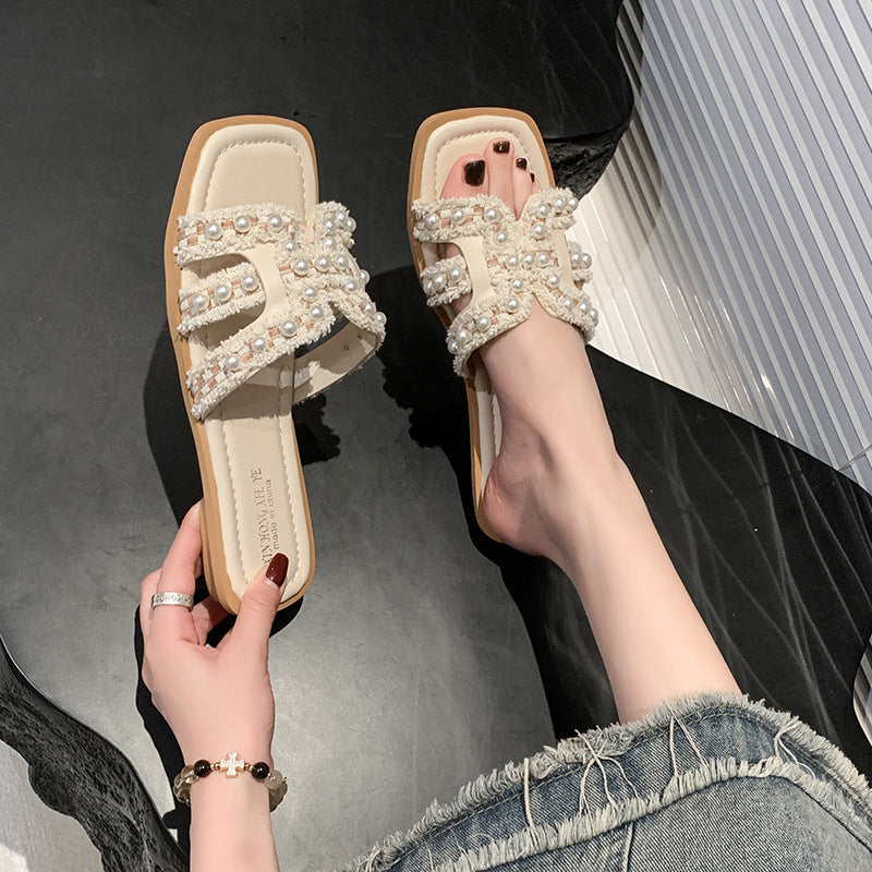 Pearl Detail Thick Sole Slippers Women Fairy Style Beach Wear
