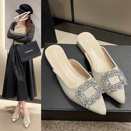 Pearl Baotou Mule Slippers Women Slip On Flat Summer Sandals