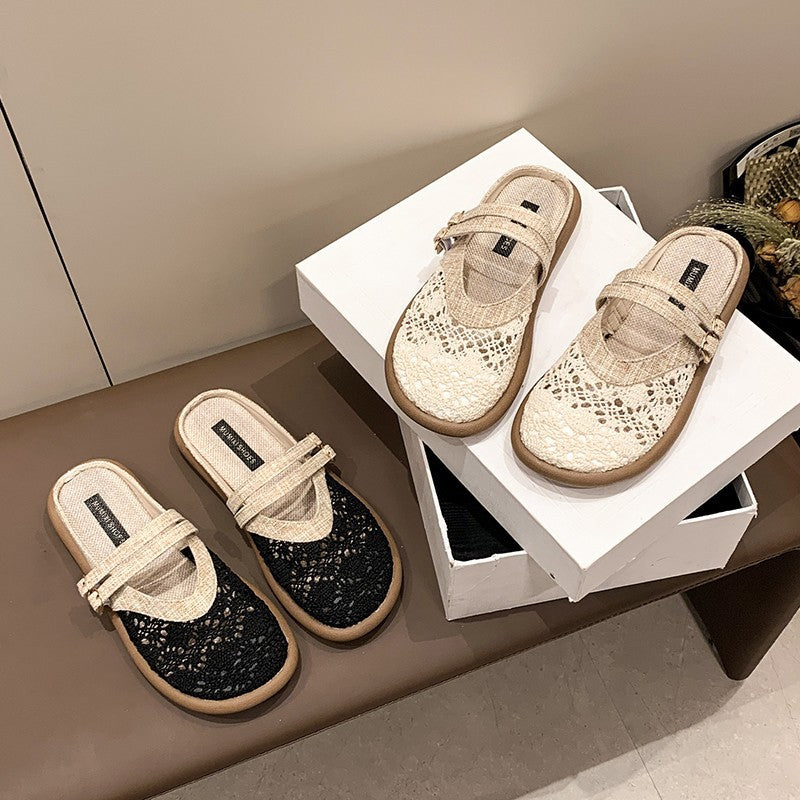 Linen Toe Cap Slip On Slippers Women Summer Casual Flat Sandals