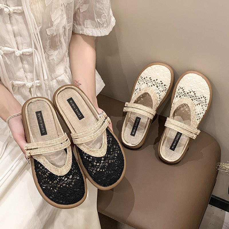 Linen Toe Cap Slip On Slippers Women Summer Casual Flat Sandals