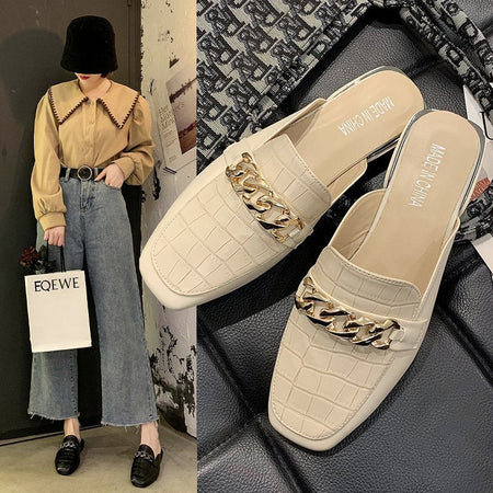 Square Toe Chain Mule Slippers Women Low Heel Casual Flats
