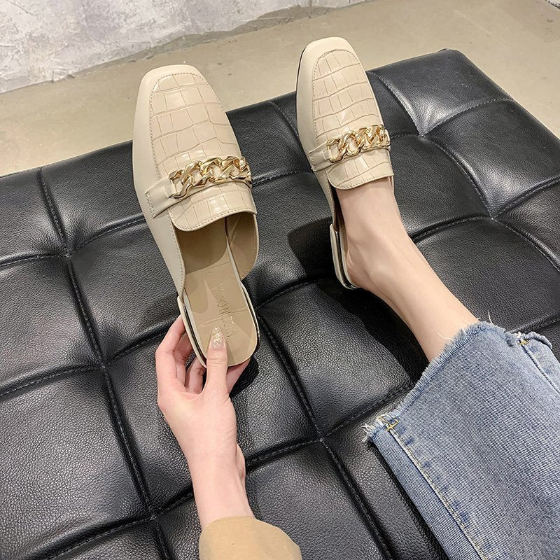 Square Toe Chain Mule Slippers Women Low Heel Casual Flats