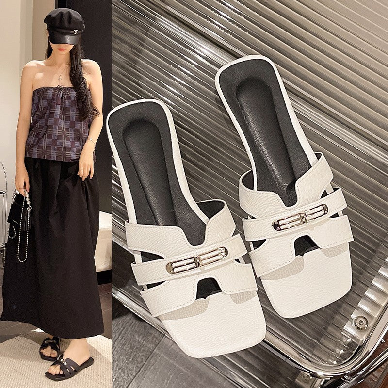 Square Toe Fairy Style Slip On Flat Sandals Women Summer