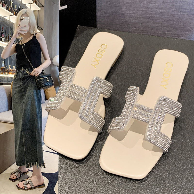 French Fairy Silver Baotou Flats Women Square Toe Summer Sandals