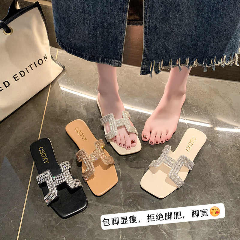 French Fairy Silver Baotou Flats Women Square Toe Summer Sandals