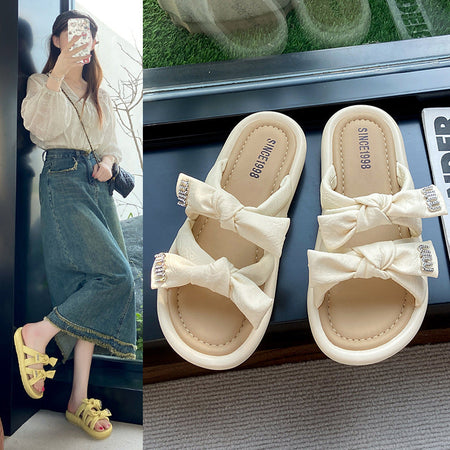 Bow Flat Sandals Women Summer Beach Vacation Slip On Slippers