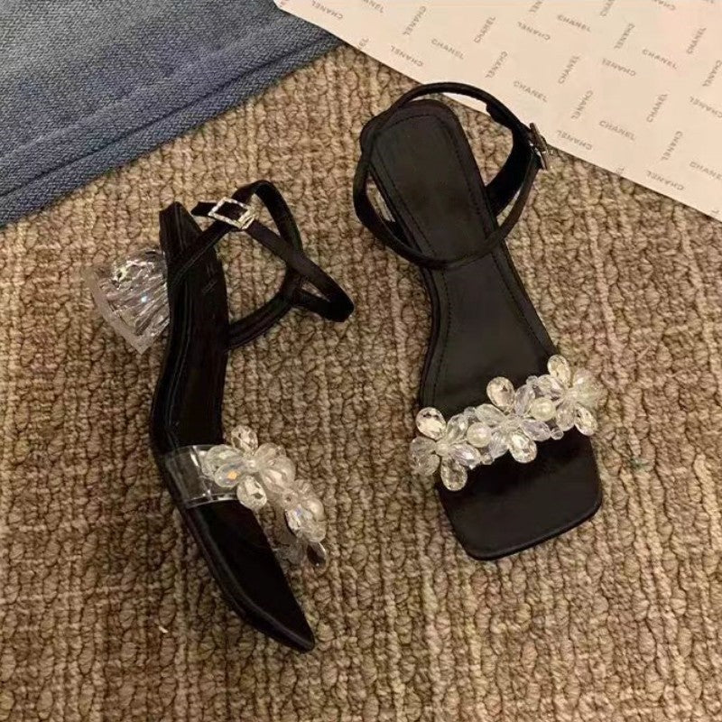 Black Crystal Thick Heel Slip On Sandals Women Elegant Evening Pumps