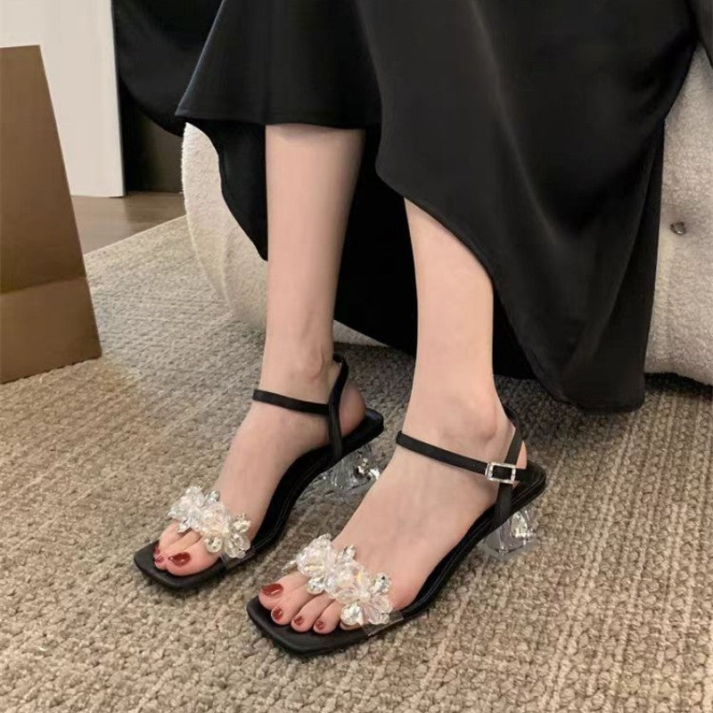 Crystal Thick Heel Slip On Sandals Women Elegant Evening Pumps