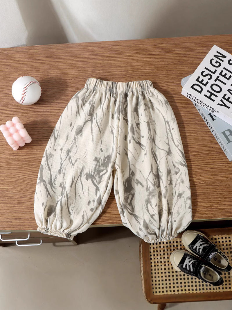 Ice Silk Linen Floral Anti Mosquito Kids Bloomers Summer Pants
