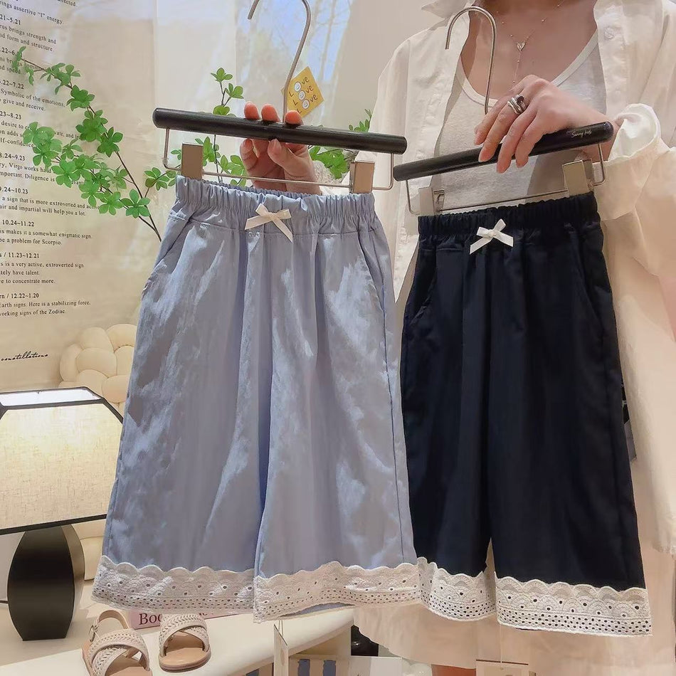 Girls Lace Trim Bow Patchwork Pants Summer Korean Style Casual