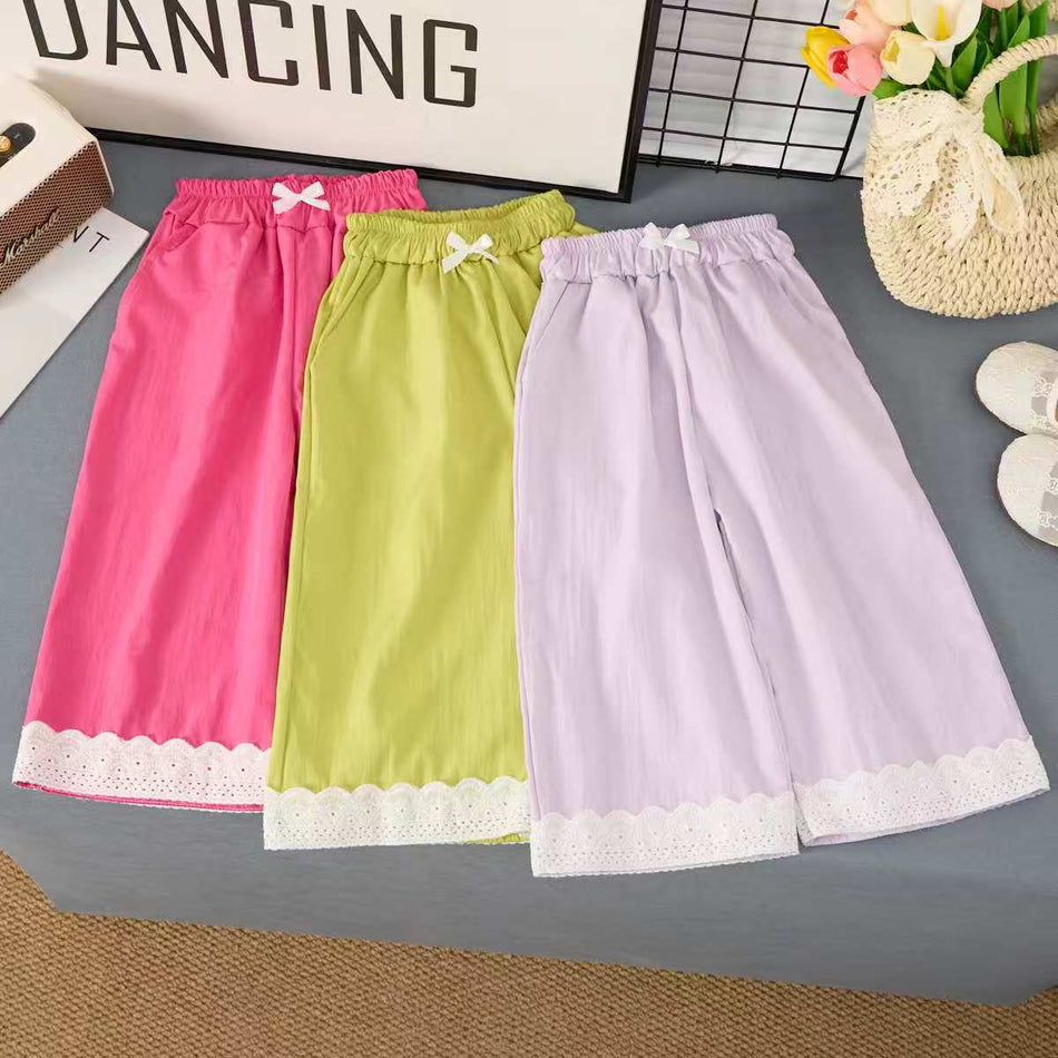 Girls Lace Trim Bow Patchwork Pants Summer Korean Style Casual