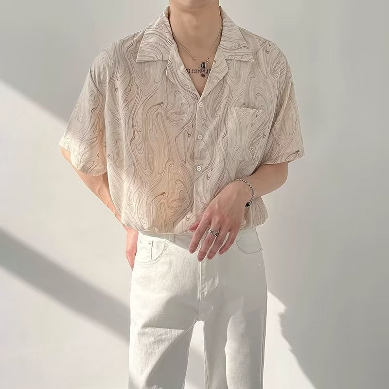 C624 Gray men���������s Ice Silk Vintage Wave Pattern Cuban Collar Shirt Loose Fit Summer Beach Top