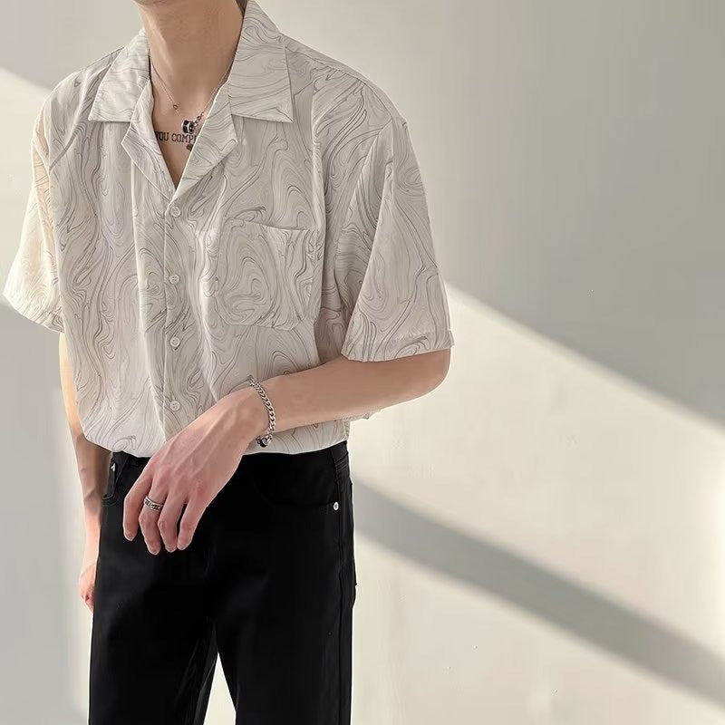 Men's Ice Silk Wave Pattern Cuban Collar Shirt Loose Fit Beach Top
