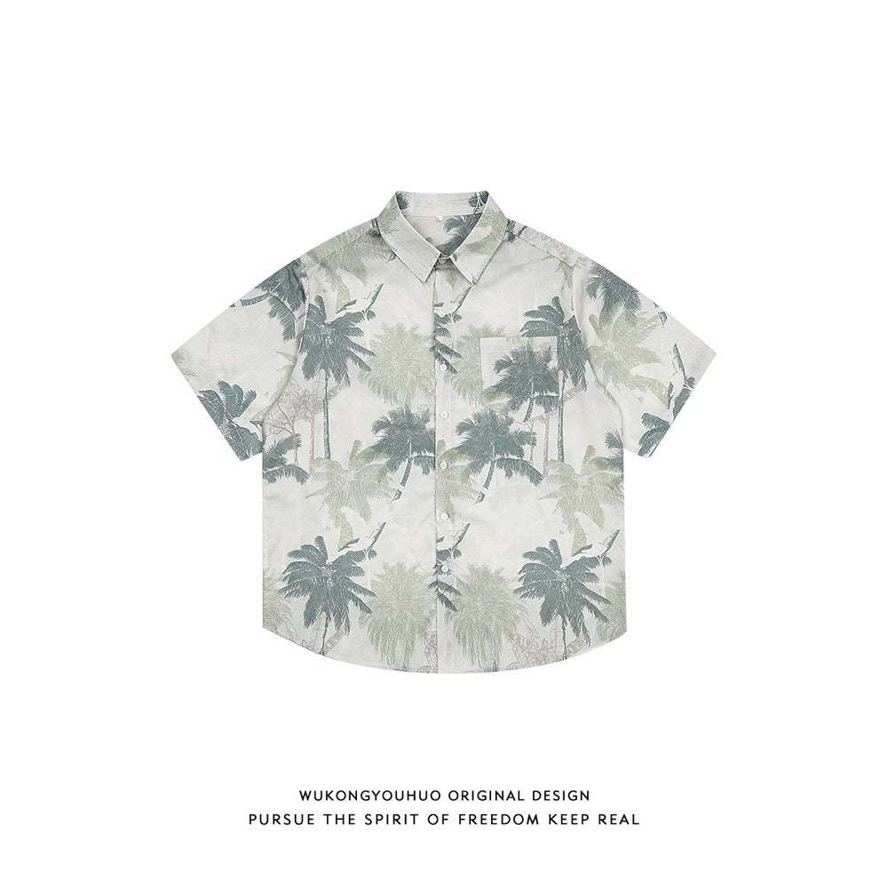 C555 Black men���������s Plant Print Short Sleeve Shirt Loose Fit Beach Floral Casual Top