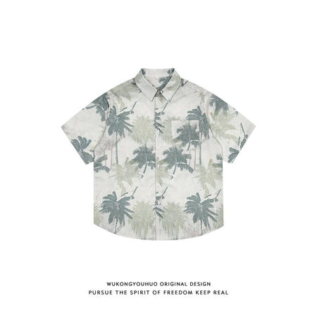 C555 Black men���������s Plant Print Short Sleeve Shirt Loose Fit Beach Floral Casual Top