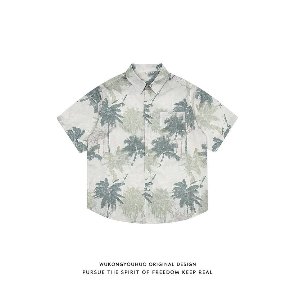 C555 Black men���s Plant Print Short Sleeve Shirt Loose Fit Beach Floral Casual Top