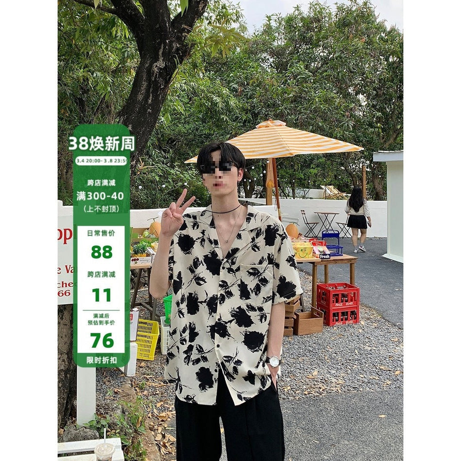 Hawaiian Floral Ice Silk Shirt Men Loose Fit Vacation Short Sleeve