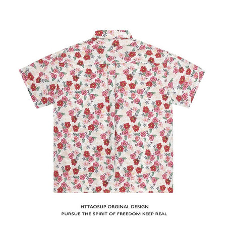 2407 Pink retro Floral Short Sleeve Shirts Couples Summer Casual Vacation Wear