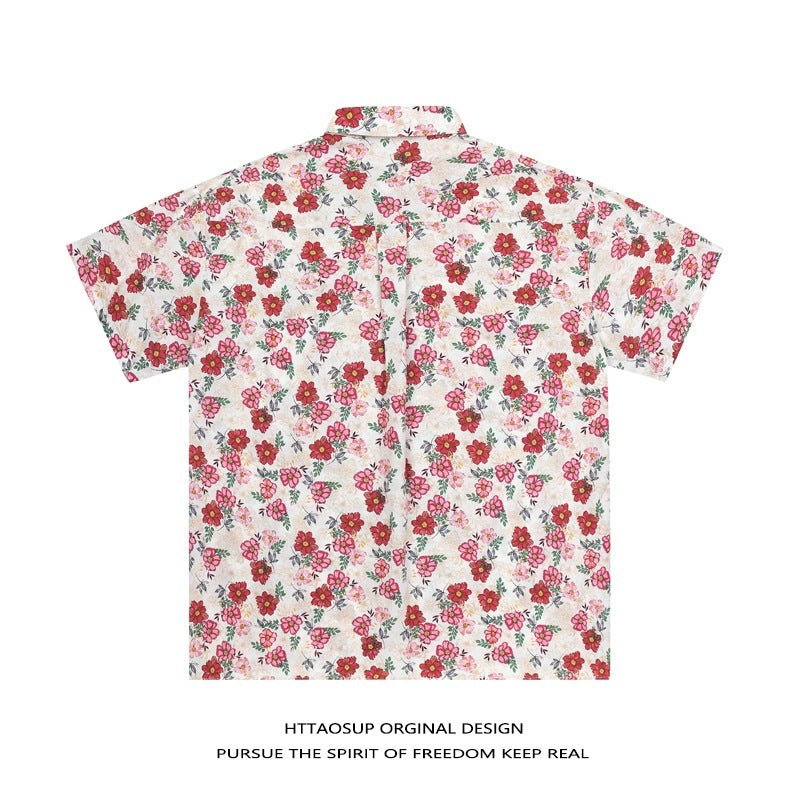 2407 Pink retro Floral Short Sleeve Shirts Couples Summer Casual Vacation Wear