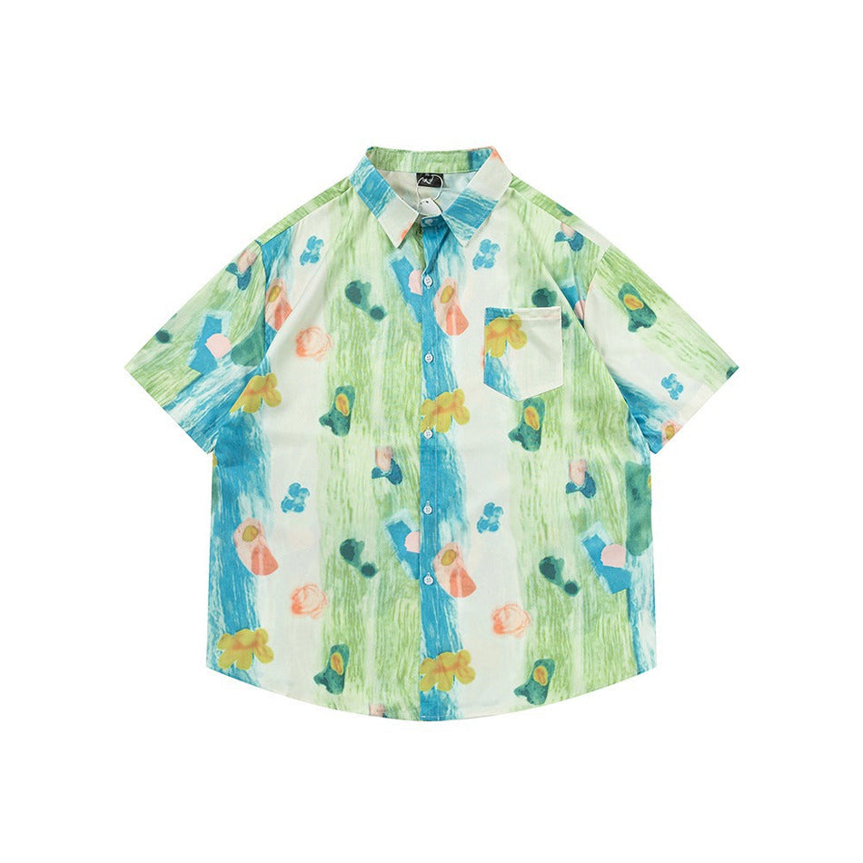 C530 Green graffiti Print Cuban Collar Color Block Shirt Men Loose Summer Wear